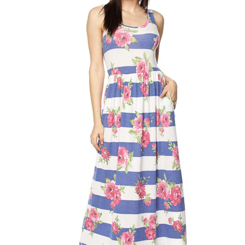 Sleeveless Blue Floral Stripe Maxi Dress